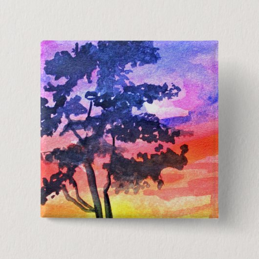Sonnenuntergang Traumlandschaft Aquarellkunst Button (Vorderseite)