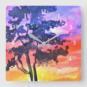 Sonnenuntergang Traumlandschaft Aquarellkunst Quadratische Wanduhr