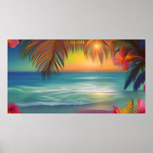 Sonnenuntergang Tropical Beach Sand Palmen Meer Bl Poster