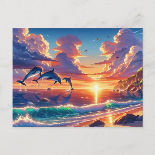 Sonnenuntergang Tropical Island Dolphin Flight Mal Postkarte (Vorderseite)