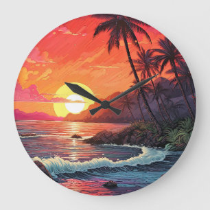 Sonnenuntergang Tropischer Strand Paradies Insel Große Wanduhr