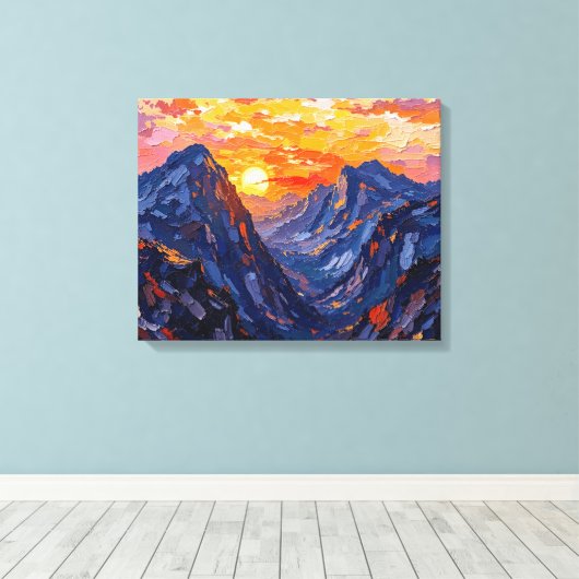 Sonnenuntergang über Berge ramponierte Leinwand | (Insitu (Holzboden))