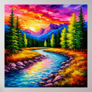 Sonnenuntergang über dem Flusstal im Gebirge Poster