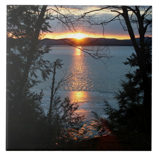 Sonnenuntergang über dem Forest Lake Keramik Tile Fliese (Vorderseite)