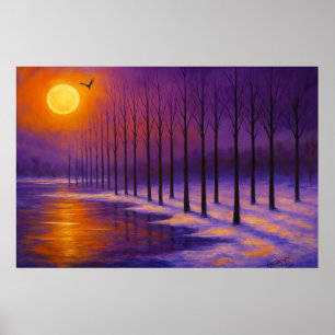 Sonnenuntergang über dem frostigen Wald Poster