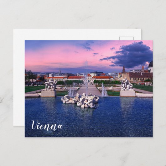 Sonnenuntergang über dem Springbrunnen in Wien Postkarte (Vorne/Hinten)