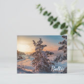 Sonnenuntergang über der schneebedeckten Küste Postkarte (Stehend Vorderseite)