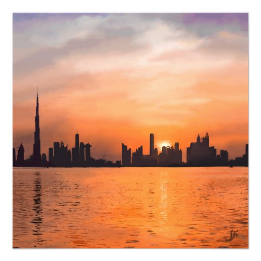 Sonnenuntergang über der Stadt am Meer - Aquarell Fotodruck (Vorne)