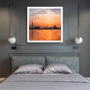 Sonnenuntergang über der Stadt am Meer - Aquarell Fotodruck