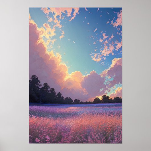 Sonnenuntergang über einem Feld aus rosa und blaue Poster (Vorne)