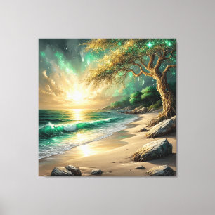 Sonnenuntergang über einem ruhigen Strand mit eine Leinwanddruck