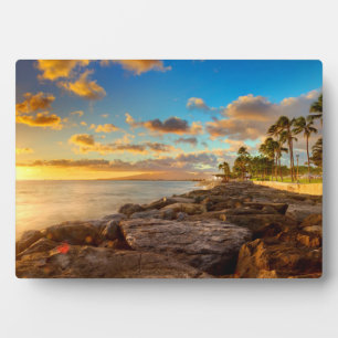 Sonnenuntergang über Felsen und Palmen O'Ahu Fotoplatte