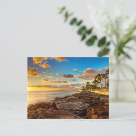 Sonnenuntergang über Felsen und Palmen | O'Ahu Postkarte (Stehend Vorderseite)