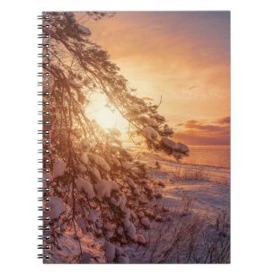 Sonnenuntergang über Meer und schneebedeckter Kief Notizblock