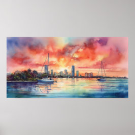 Sonnenuntergang über Miami von der Bucht von Bisca Poster