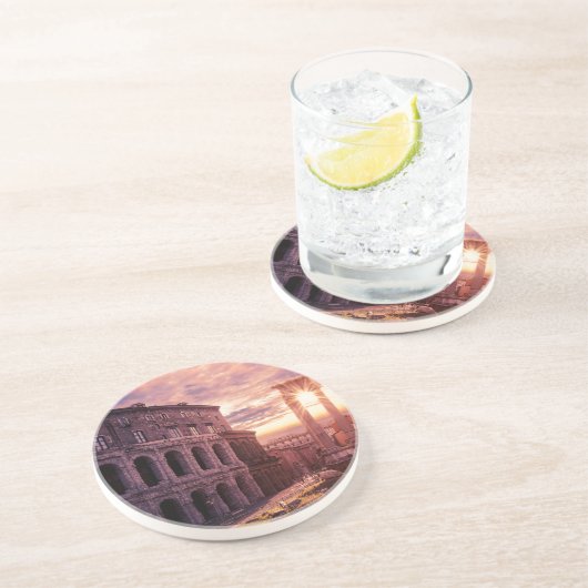 Sonnenuntergang über Rom Kolosseum Getränkeuntersetzer (Seite)