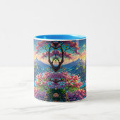 Sonnenuntergang über schneebedeckten Berg und blüh Zweifarbige Tasse (Mittel)