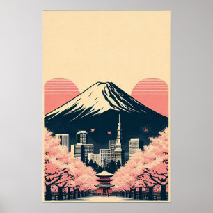 Sonnenuntergang über Tokio mit Kirschblüten Poster