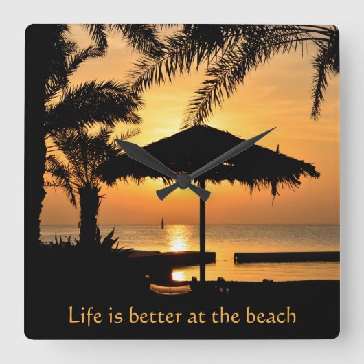 Sonnenuntergang-Uhr am Tropenstrand Quadratische Wanduhr (Vorderseite)