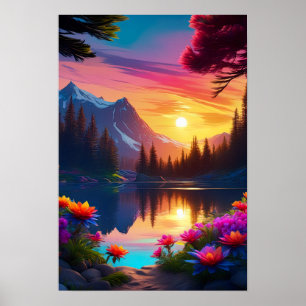 Sonnenuntergang und die Schönheit des Sees Poster