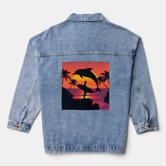 Sonnenuntergang und Dolphin Silhouette Tropischer Jeansjacke