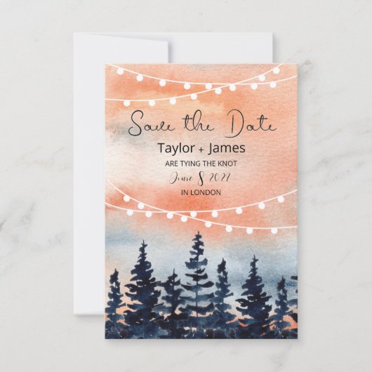 Sonnenuntergang und Kiefernwald Flache Save The Da Date (Vorderseite)