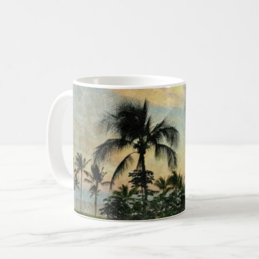 Sonnenuntergang und tropische Bäume Kaffeetasse (Vorderseite Links)