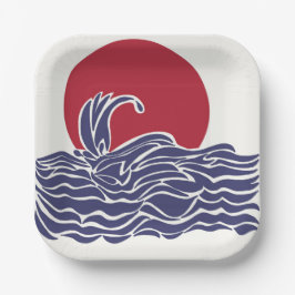 Sonnenuntergang und Wellen im Roten, Weißen und Bl Pappteller