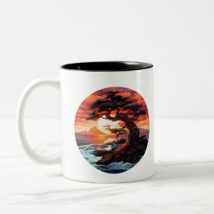 Sonnenuntergang von Bonsai am Ozean Zweifarbige Tasse