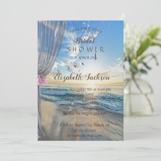 Sonnenuntergang, Vorhang, Blume Brautparty Einladung (Stehend Vorderseite)