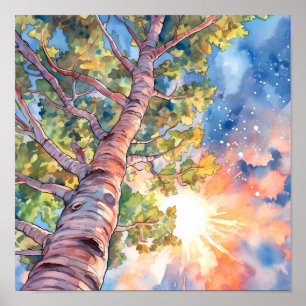 Sonnenuntergang-Wald Aquarellmalerei Poster
