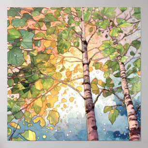 Sonnenuntergang-Wald Aquarellmalerei Poster