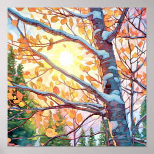Sonnenuntergang-Wald Aquarellmalerei Poster