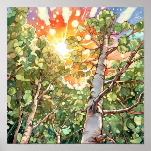 Sonnenuntergang-Wald Aquarellmalerei Poster