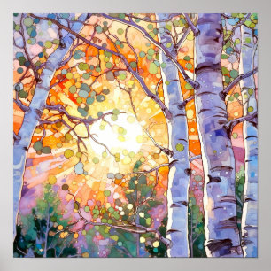 Sonnenuntergang-Wald Aquarellmalerei Poster