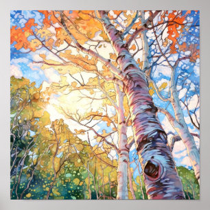 Sonnenuntergang-Wald Aquarellmalerei Poster