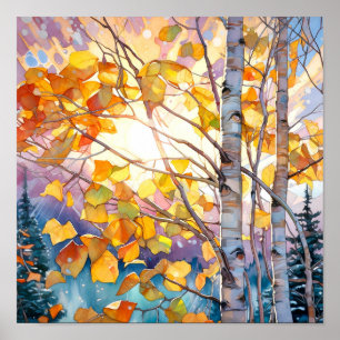 Sonnenuntergang-Wald Aquarellmalerei Poster