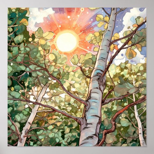 Sonnenuntergang-Wald Aquarellmalerei Poster (Vorne)