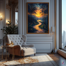 Sonnenuntergang Waldweg im beeindruckenden Stil Poster