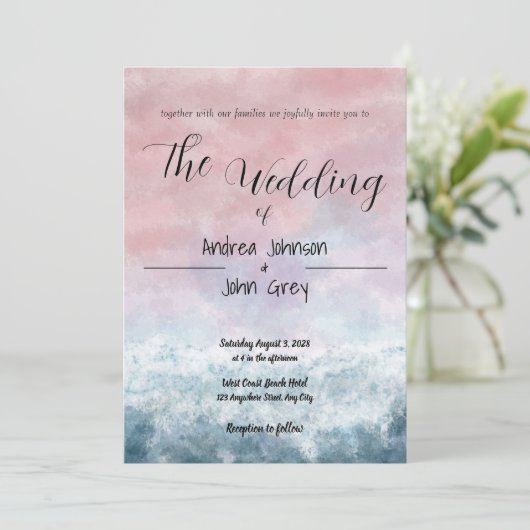 Sonnenuntergang Wasserfarbe Ozean Blauer Hochzeits Einladung (Stehend Vorderseite)