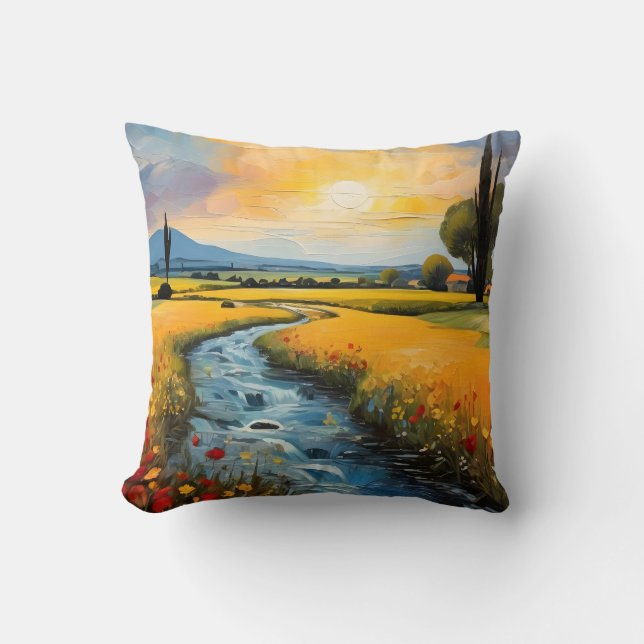 Sonnenuntergang Wildblumen Landschaft mit Flussufe Kissen (Vorderseite)