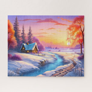 Sonnenuntergang Winter Schnee Natur Farbige Druck Puzzle