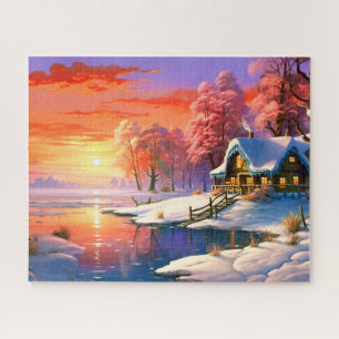 Sonnenuntergang Winter Schnee Natur Farbige Druck Puzzle