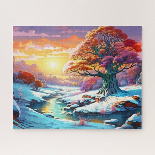 Sonnenuntergang Winterschnee Natur farbenfrohe Pri Puzzle (Horizontal)
