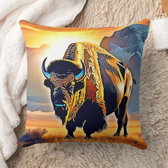 Sonnenuntergangs-Berg-Bison-Kunstdesign Kissen (Decke)