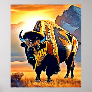 Sonnenuntergangs-Berg-Bison-Kunstdesign Poster