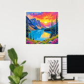 Sonnenuntergangs-Bergsee-Majestät-Kunst Poster (Heimbüro)