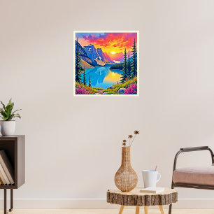 Sonnenuntergangs-Bergsee-Majestät-Kunst Poster