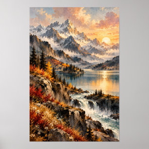 Sonnenuntergangs-Bergsee- und Wasserfall-Landschaf Poster