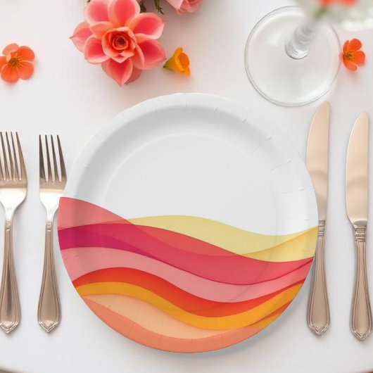 Sonnenuntergangs-Farbenwellen Moderne Hochzeit Pappteller